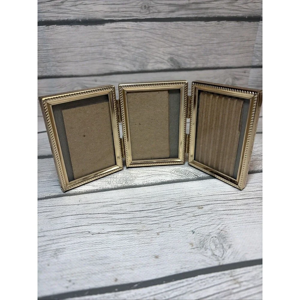 Vintage MCM Tri-Fold Brass Gold Color Hinged Photo Frame 2